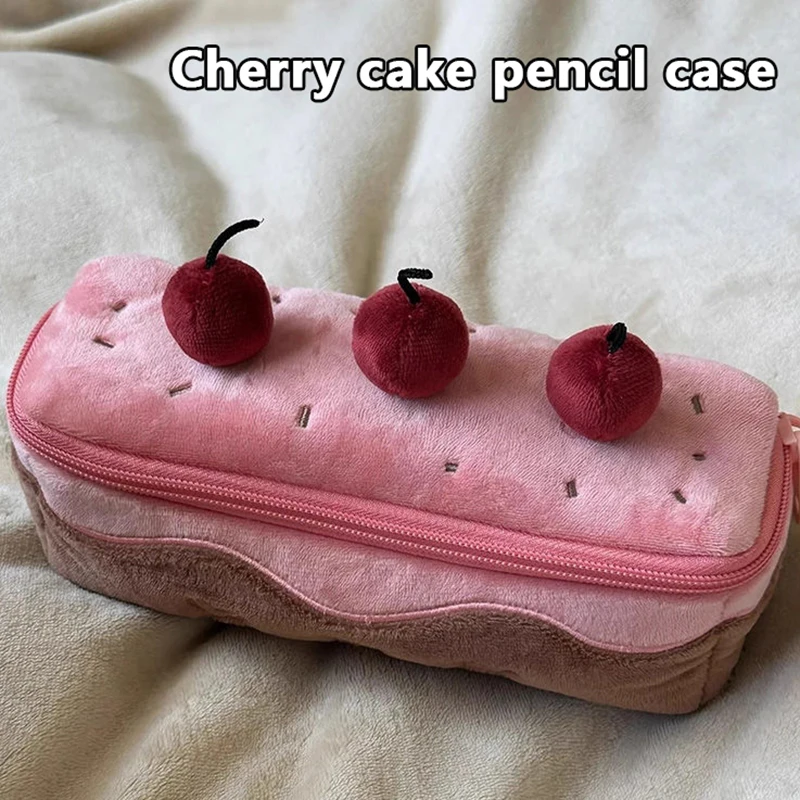 【B】Cute Plush Cherry Cake Pen Bag Exquisite Large Capacity Student Pencil Pouch Stationery Storage Bag
