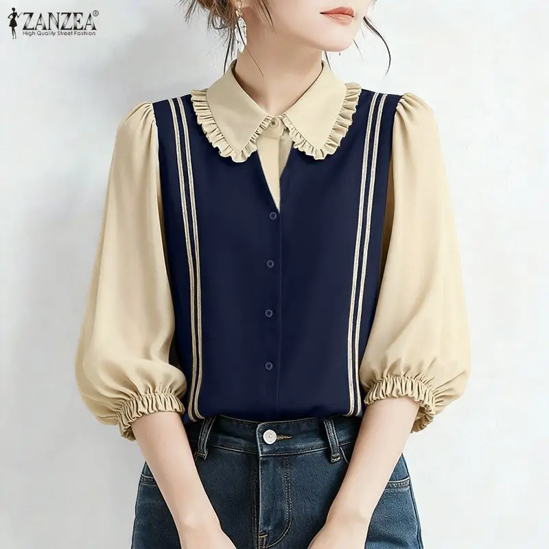 ZANZEA Women Summer Patchwork Blouse Elegant Work Shirt Female Lapel Neck Half Sleeve Tops Casual Button Up Holiday Blusas Tunic