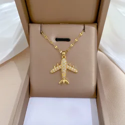 Creative Handsome Fighter Plane Copper Inlaid Zircon Pendant Necklace for Women Fashion Stainless Steel Chain Jewelry Love Gift