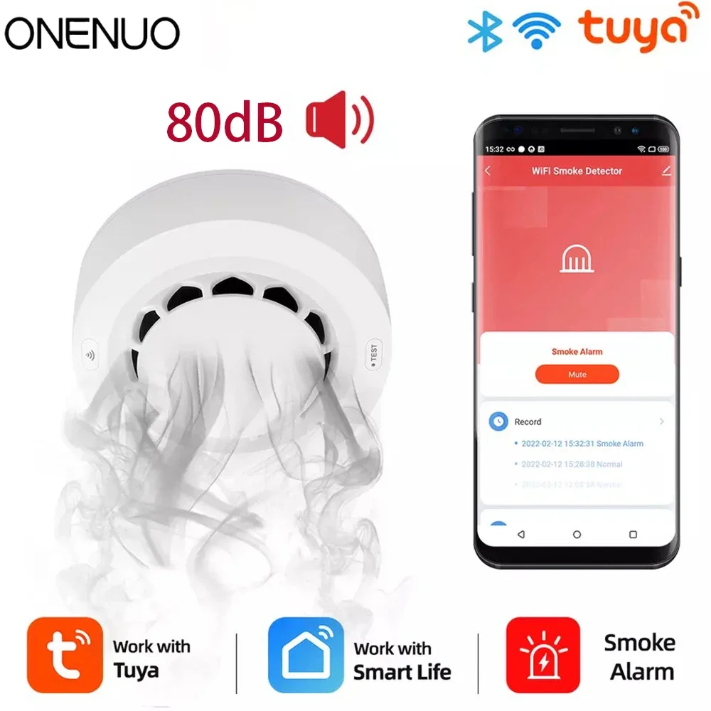 

ONENUO Tuya WiFi Smoke Detector Photoelectric Sensor Fire Alarm Home Kitchen Security System Work With Smart Life APP