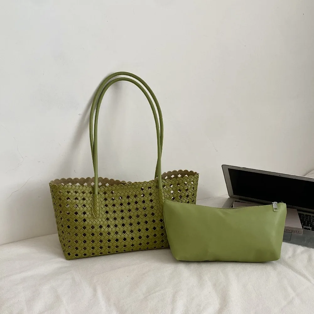 

Trendy Large Capacity Leather Woven Tote Bag Fashion Foldable Woven Handbag Simple Handbag Beach Handbag Vacation