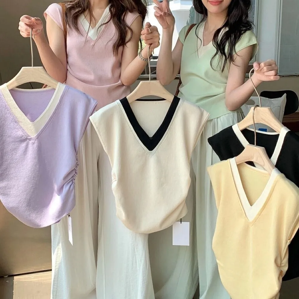 

Fashion Patchwork Fake Two Pieces T-shirts V-neck Korean Style Slim Crop Top Short Sleeve Sweet Girl's Top Streetwear