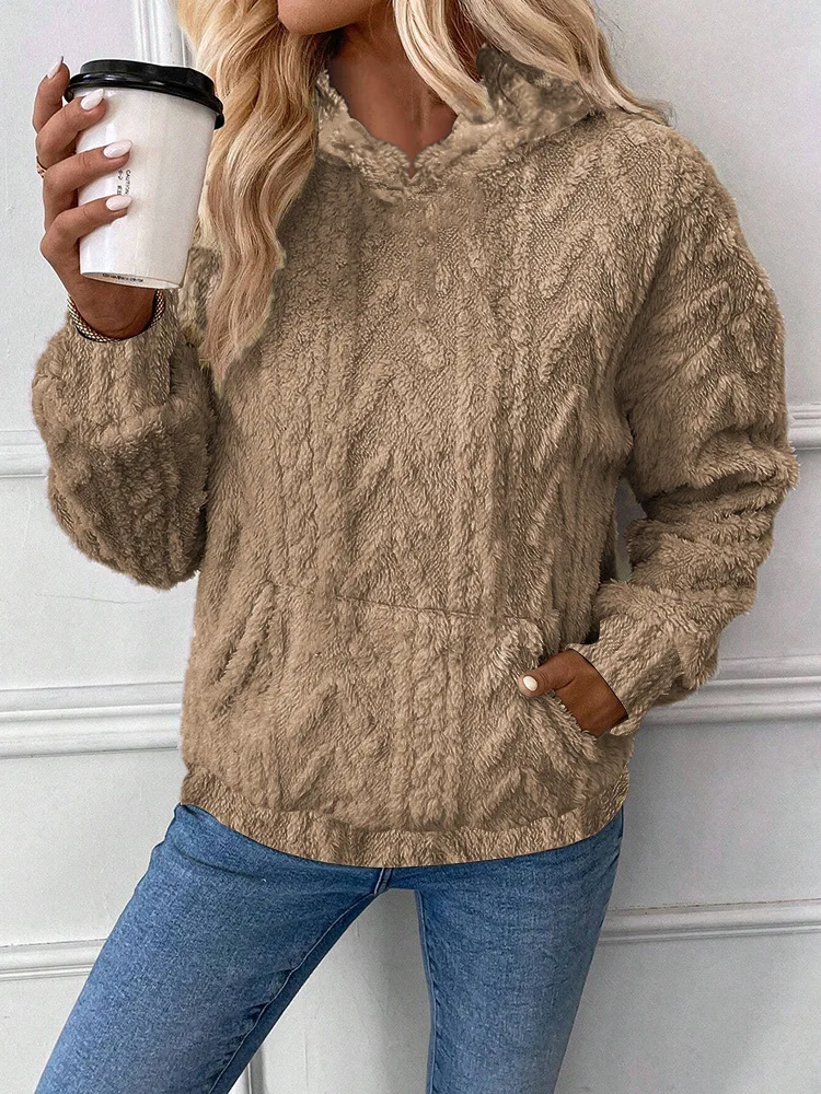 2026 New Arrival Women Fashion Jacquard Pullover Hoodie Loose Plush Cotton Blend Hooded Sweatshirt Tops for Daily Streetwear