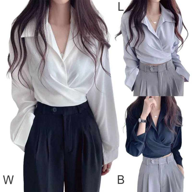 Women Chiffon Shirt Long Sleeve Back Tie Bowknot Waist Closing Unique Chic Short Small Tops