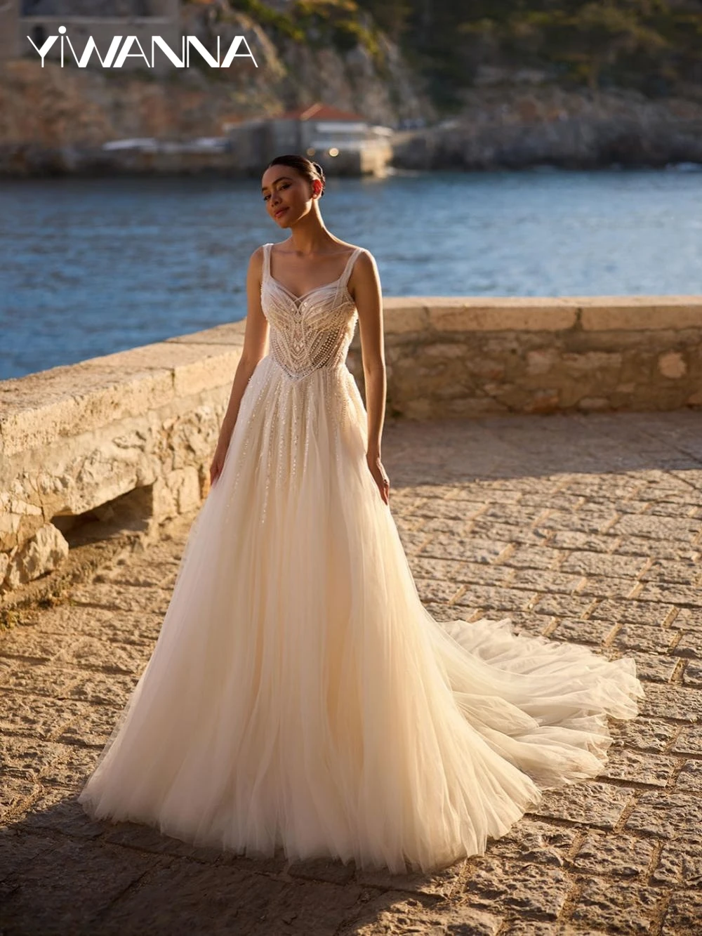 

Glitter Beaded Pearls Long Wedding Dress Thin Straps Sweetheart Neck Bridal Gown Customized Elegant Dreamy Dresses For Bride