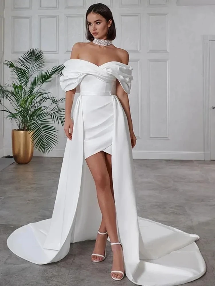 

Off The Shoulder Wedding Dresses With Detachable Train Simple Satin Mermaid Backless Sexy Bridal Gowns Vestidos De Novia 2024