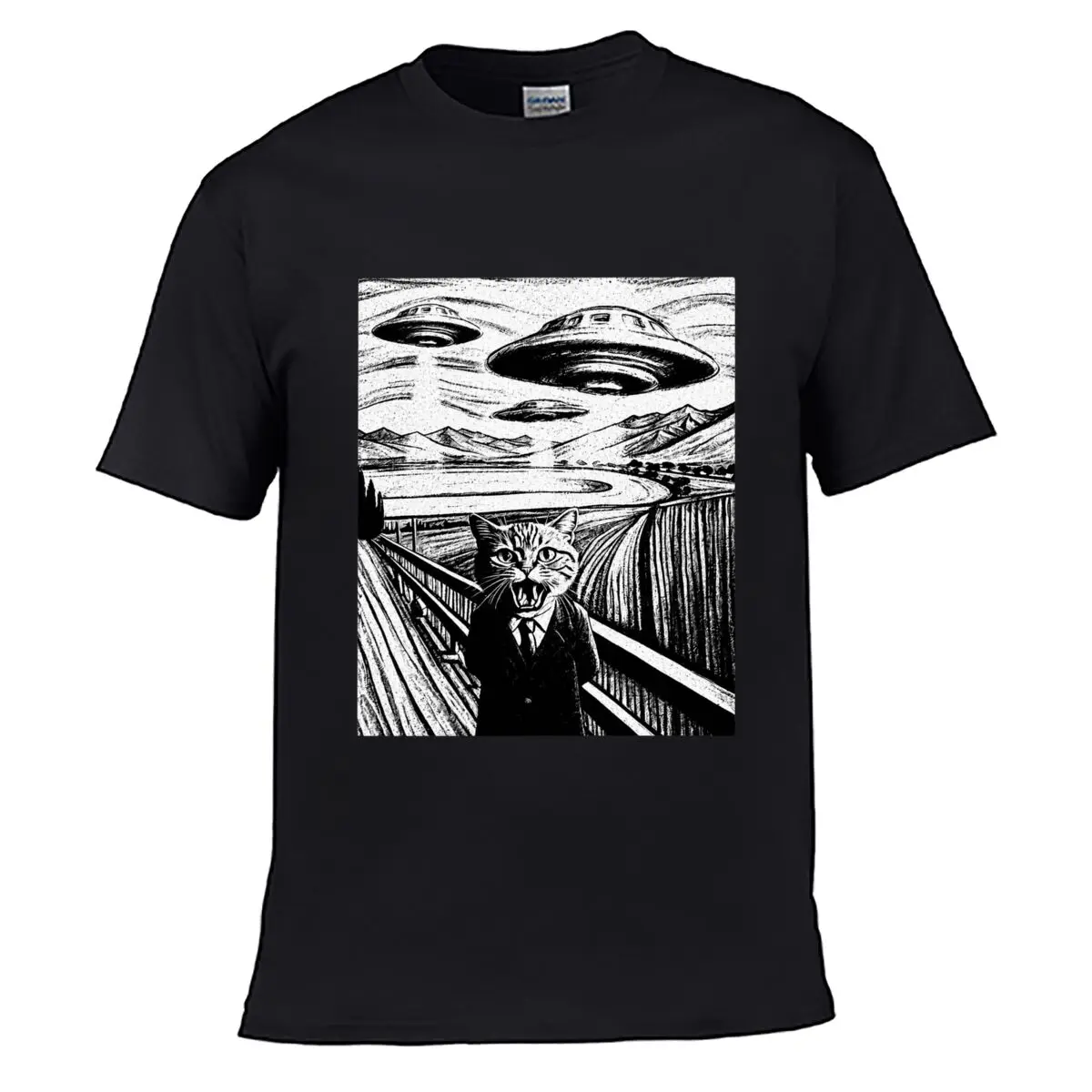 Screaming Cat Alien Ufo Invasion Mountain Landscape Graphic short-sleeved T-shirt Streetwear Top
