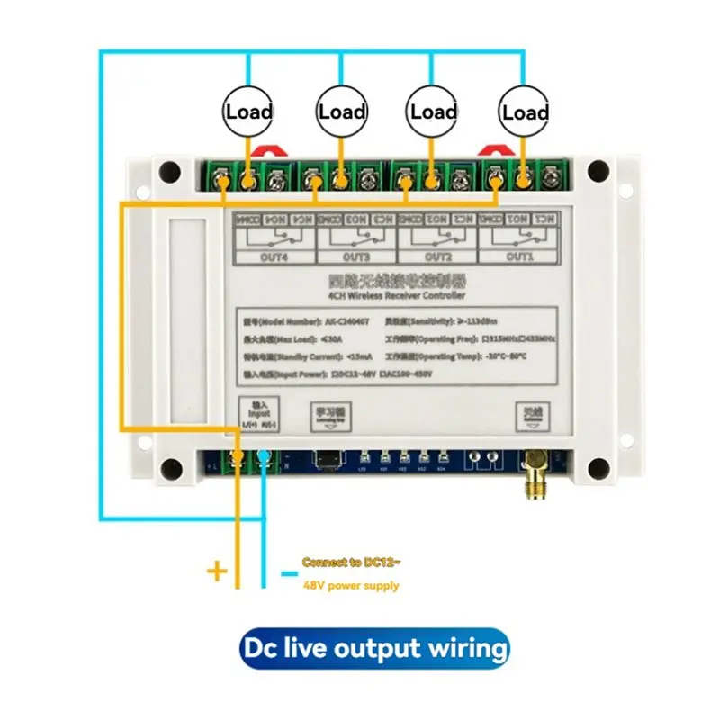 【PHONE ACCESSORY】Remote Control Switch 4CH DC12-48V 30A Garage Door Relay Lifting Equipment Controller With Transmitter 433MHZ
