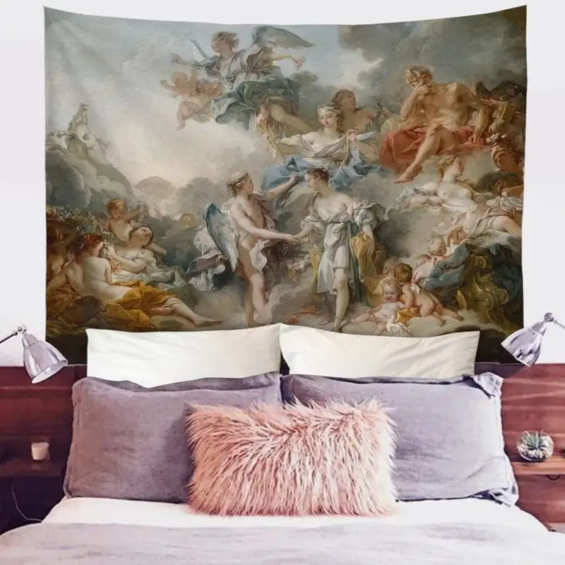 VIKAMA Vintage Barock Engel Wandteppich Rokoko Cherub Götterfigur Wolkenlandschaft Klassische Kunst Wanddekoration für Mädchenzimmer