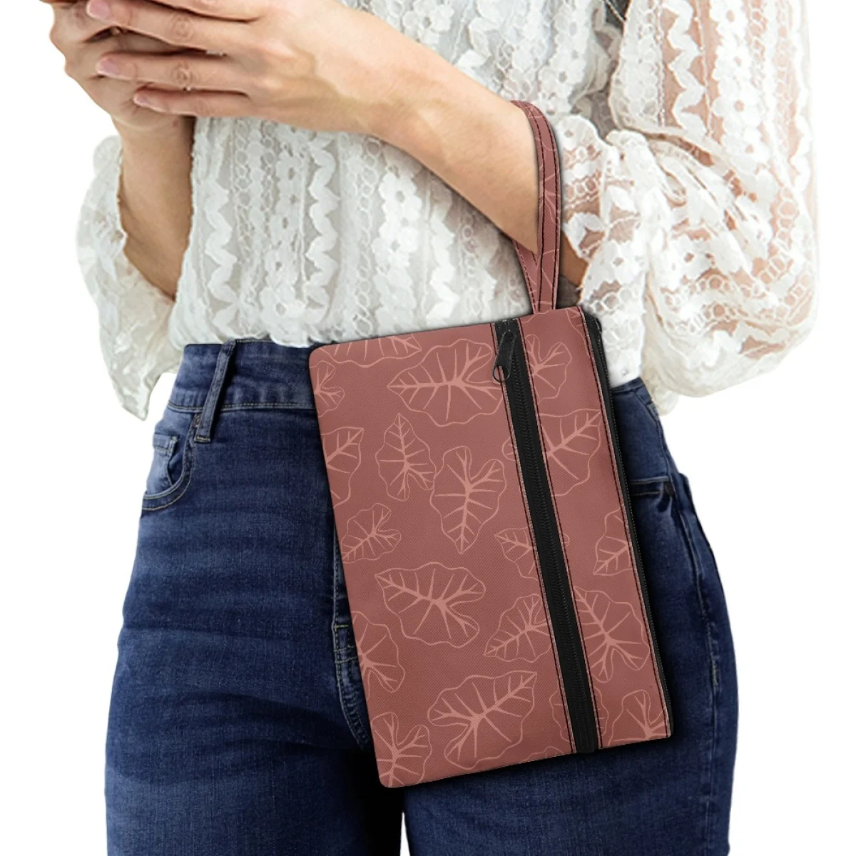 Bolso de Mano Tipo Clutch con Estampado de Hojas de Taro Tropical, Diseño Isleño Marrón, Lindo, para Mujer, de Poliéster, para Viaje