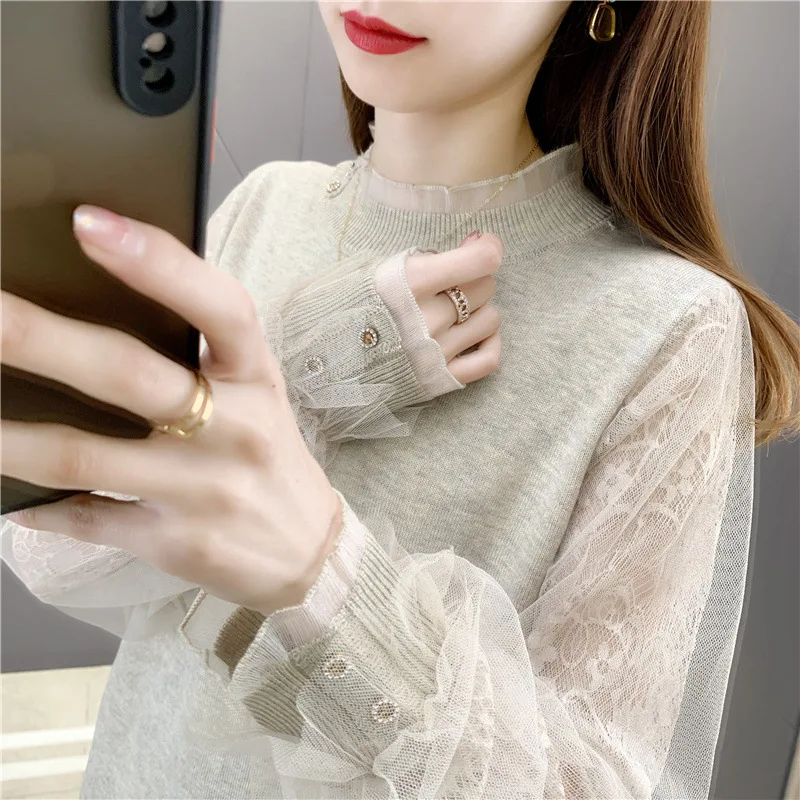 Long-sleeved T-shirt Women's Spring Summer 2024 New Women's Fashion Explosive Style Lace Sweet V-neck Bottom Shirt Thin Top L375