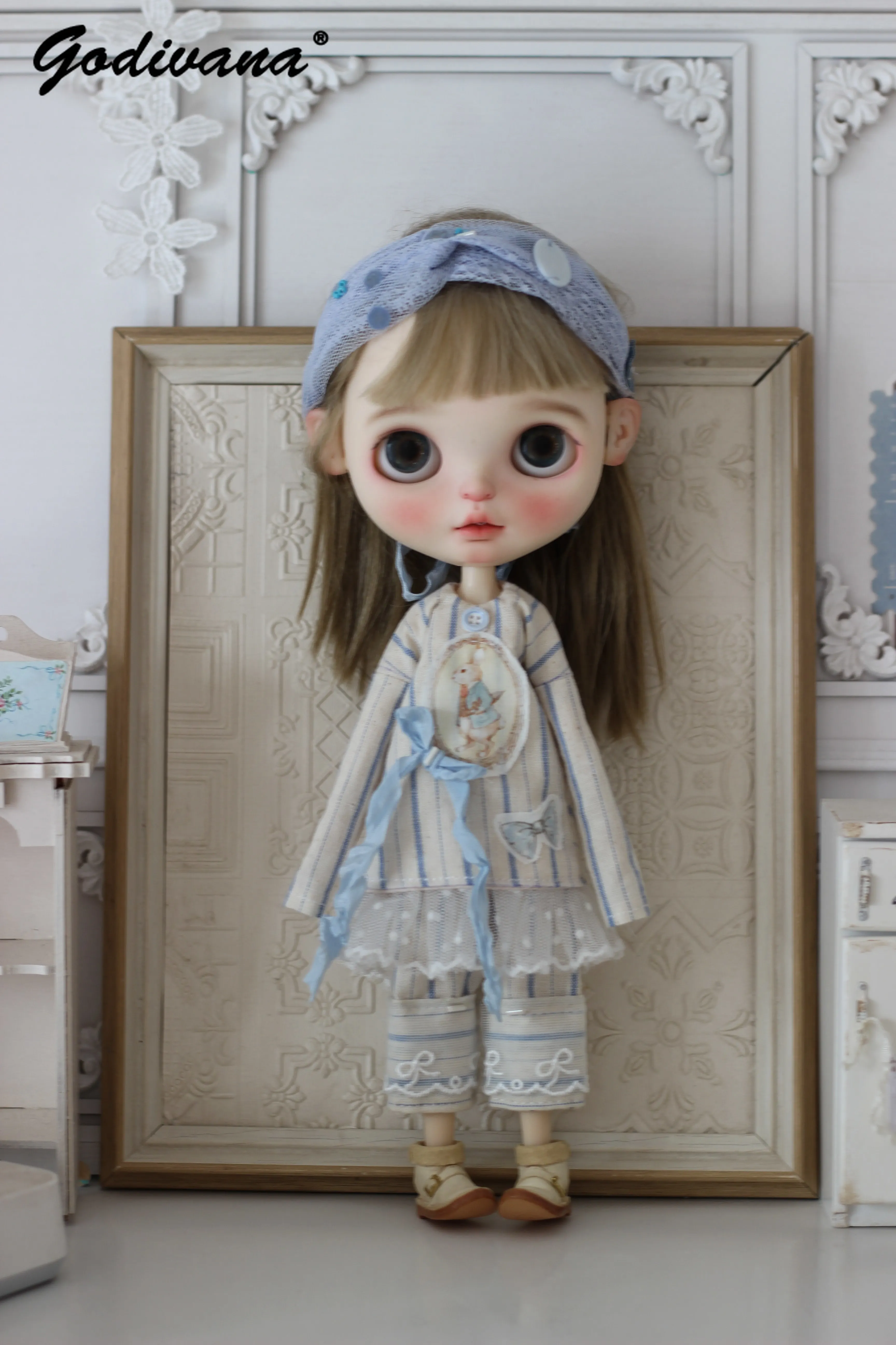 Blythe Ob22 Ob24 Azone BJD Doll Clothes Blue Striped Long Sleeves Lace Trim Splice Top and Wide Leg Pants Headband 3pieces Set