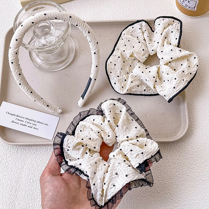 Koreanischer Polka-Dot-Haargummi für Damen, Schleifen-Rüschen-Haarband, eleganter französischer Stil, elastisches Haarband aus Stoff, Haaraccessoires für Mädchen. – Detail 4