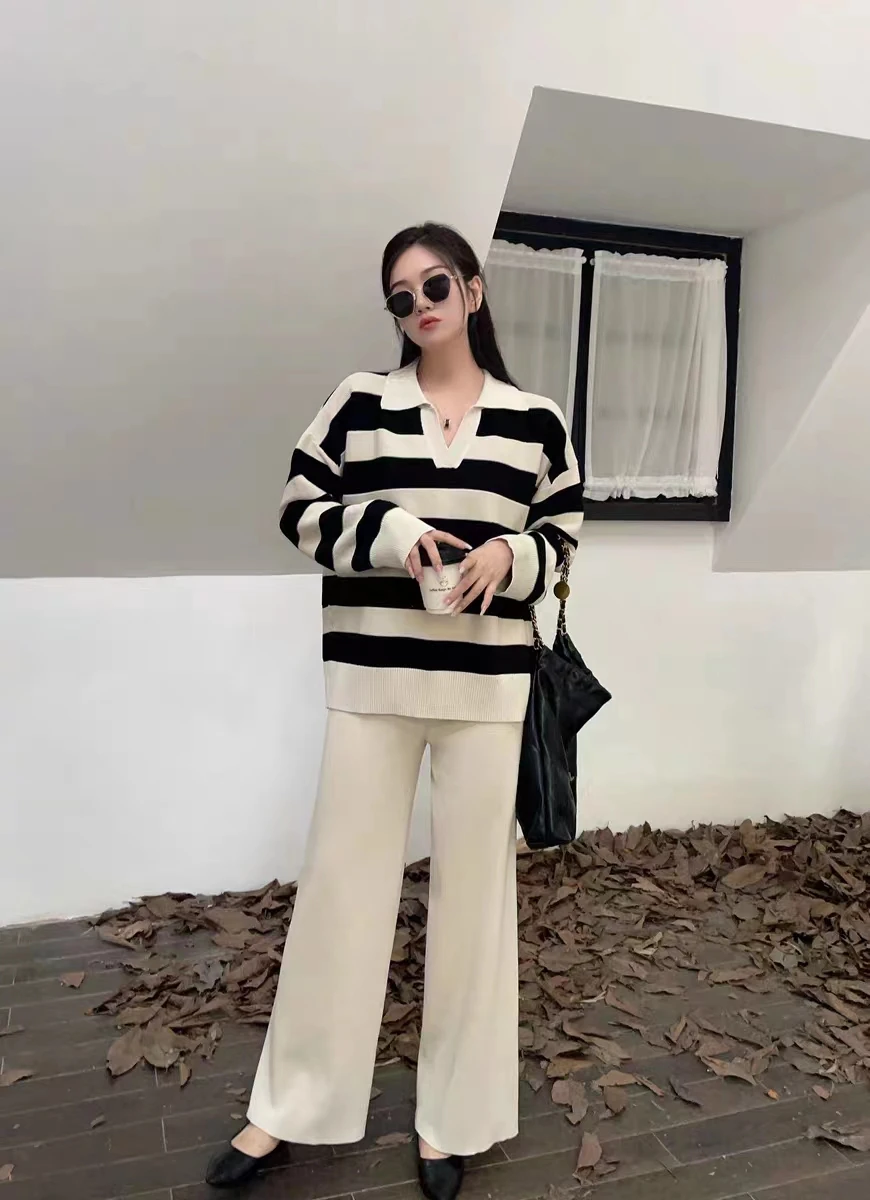 New Vintage Striped Knitted Two Piece Set Women Lapel Long Sleeve Pullover Sweater + Wide Leg Pants Sets Casual Loose Outfits