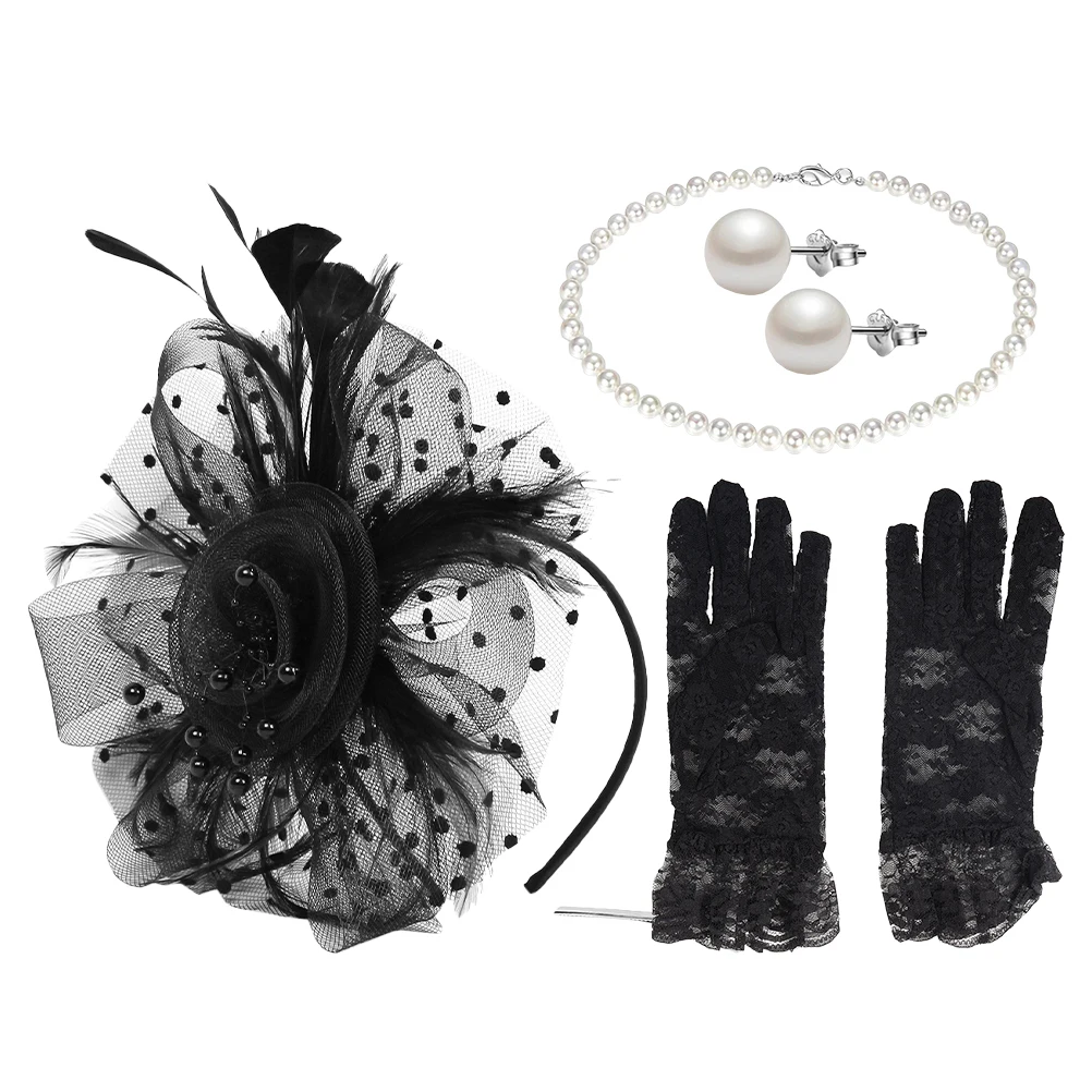 

1 set Fascinator Hat Women Pearl Necklace Earring Lace Gloves Mesh Veil Wedding Party Bridal Tea Party Hair Accessories Headband