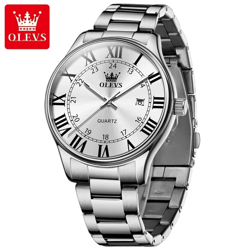 OLEVS Men\'s Watch Luxury Business Stainless Steel Wristwatches Waterproof Luiminous Fashion Roman Scale Quartz Date Watches