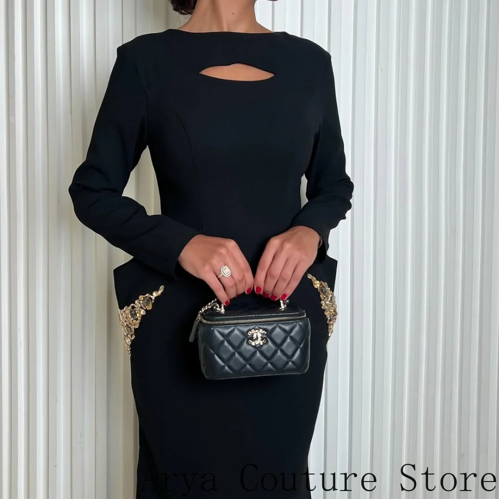Customized Elegant Black Formal Evening Dress Long Sleeve Round Neck Chest Cutout Peplum Waist Gold Beaded Embroidery