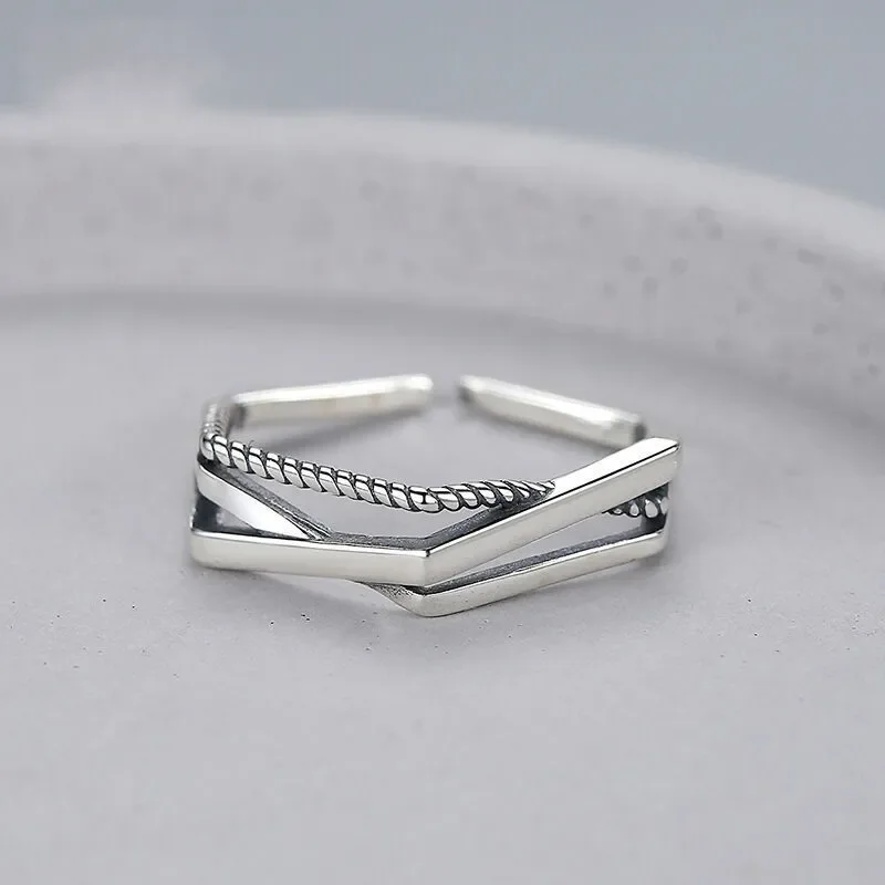 Retro Open Ring Men Cold Wind Hip Hop Geometric Cross Index Finger Ring Three Layer Winding Twist Adjustable Jewelry