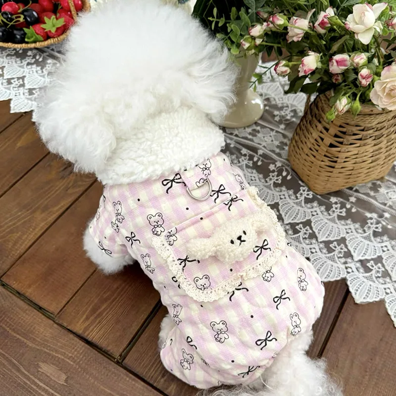 

Pet Cute Classic Bow Pattern Dog Clothes Pet Thickened Cotton Coat Winter Teddy Warm Four-Legged Jumpsuits with Traction Buckle