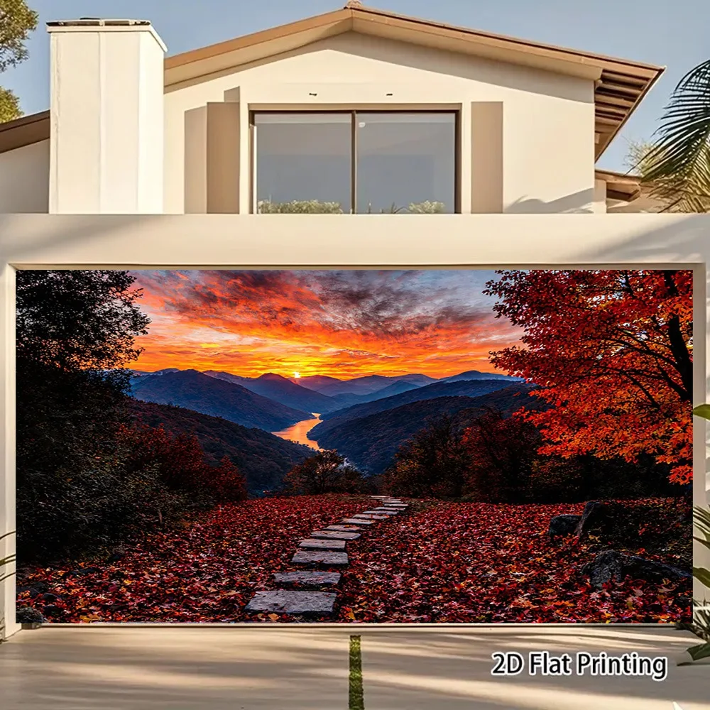 Autumn Mountain Sunset Wall Mural Red Leaves Path River Valley 2D Flat Printing Home Decor Artwork For Living Room Bedroom