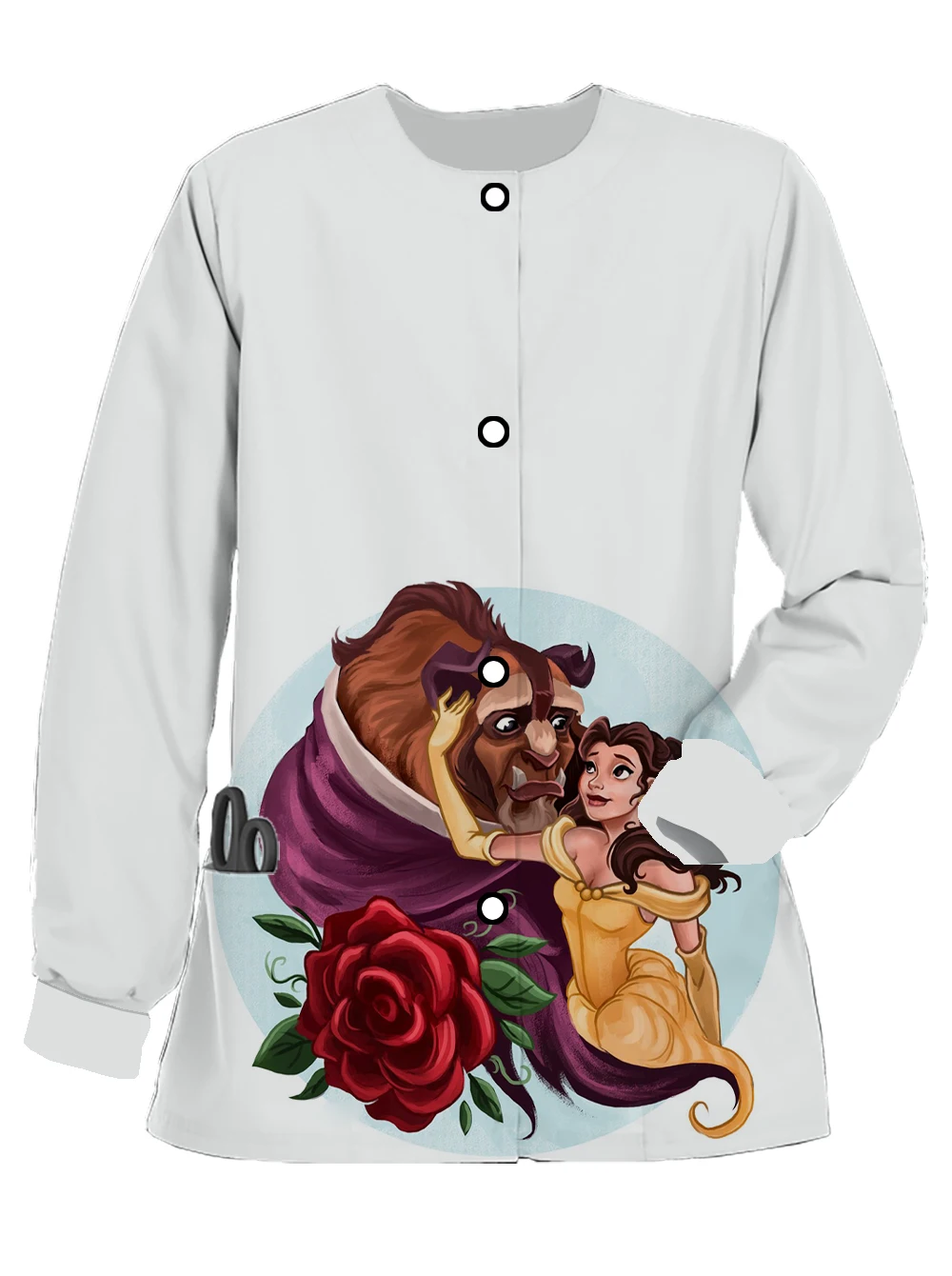 Women\'s Work Uniform Medical Uniform Disney Beauty and the Beast Print Long Sleeve Crew Neck Scrub Jacket Pet Shop Coat