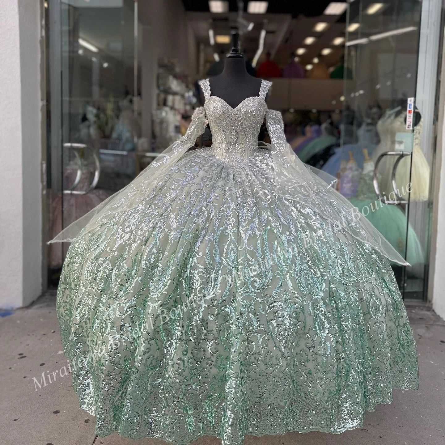 Ombre Sequin Quinceanera Dress Bell Sleeves Debutante Ball Mexican Glitter Quince Sweet 15/16 Birthday Party Gown for 15th Girl