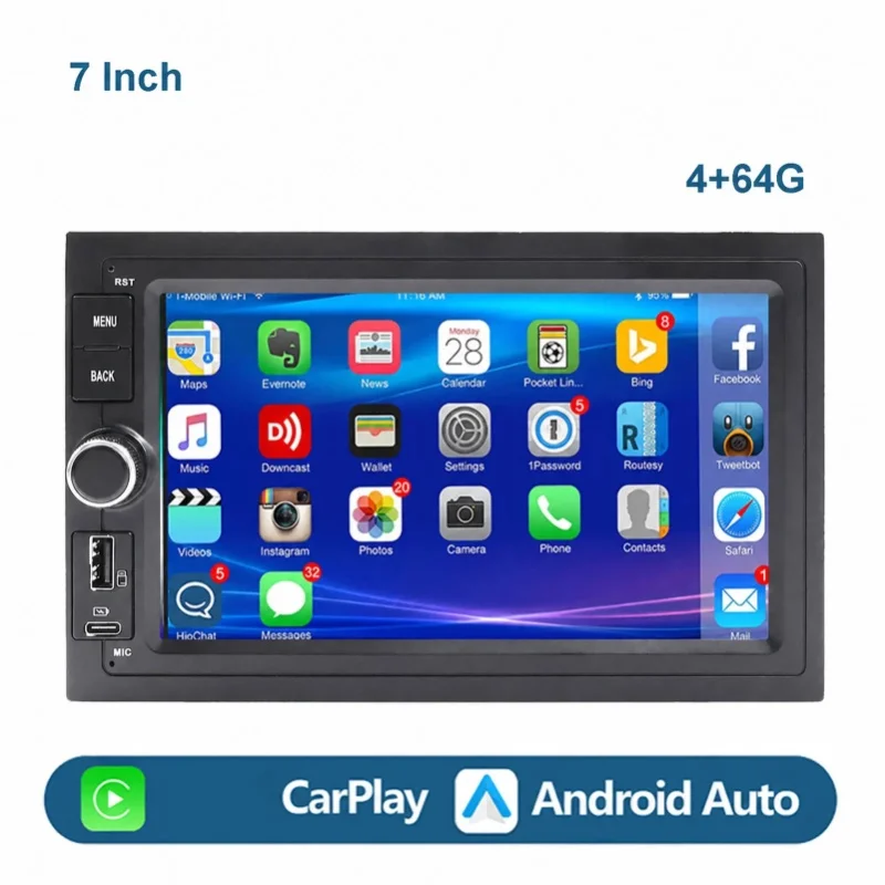 MOPECT 7 Zoll 2DIN Autoradio-Headunit, kabelloses Carplay, Android Auto, 4+64G, für VW Golf Jetta MK4 Polo 9N Passat B5 T5 T4, Multimedia-MP5-Player, Mirror Link, Autoradio, WiFi, GPS-Navigation, BT,