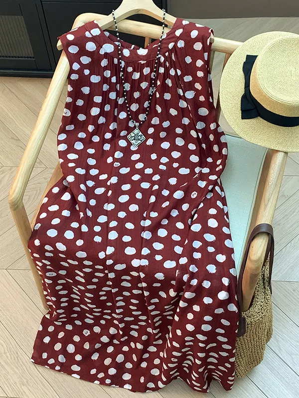 

plus Size Summer Slimming Artistic Back-Tied Polka Dot Vest Dress Women's Fashionable Casual High Waist A-Line Gown
