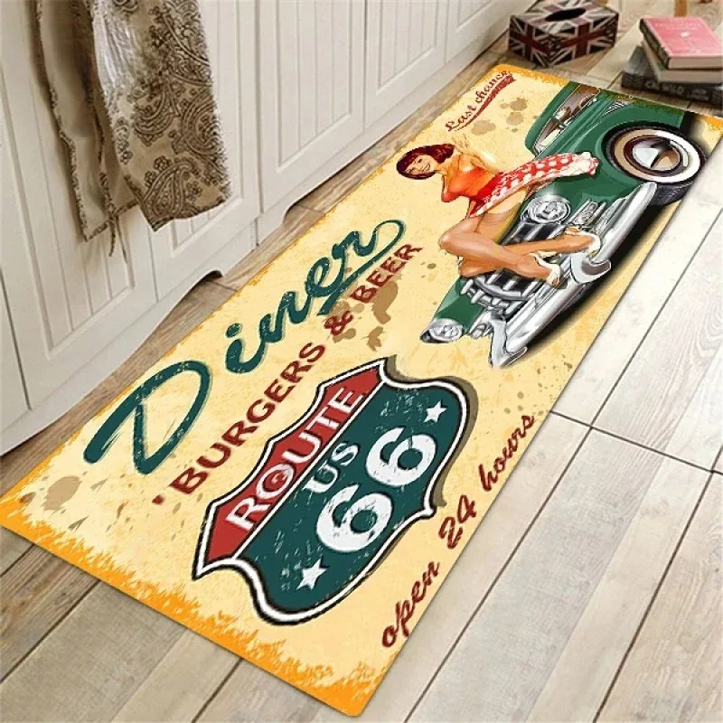 Retro Route 66 Kitchen Runner Rug Waterproof Non Slip Absorbent Floor Mat Easy Clean for Kitchen Sink Decor