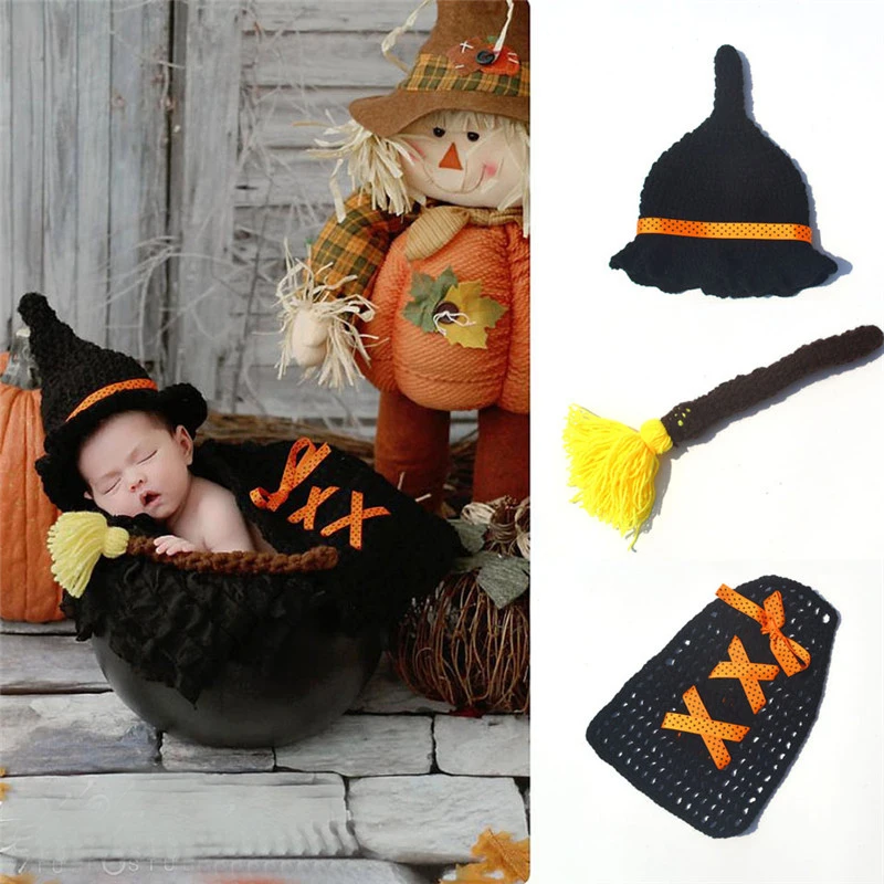Handmade Crochet 0-3 Months 100 Days Newborn Baby Girls Photography Clothes Halloween Theme Witch Shape Costume