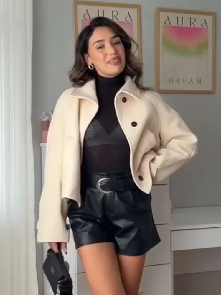 

HH Women's Fashion Vintage Lapel Short Wool Windbreaker Female Elegant Casual Solid Single Breasted Pocket Decorated Trench Coat