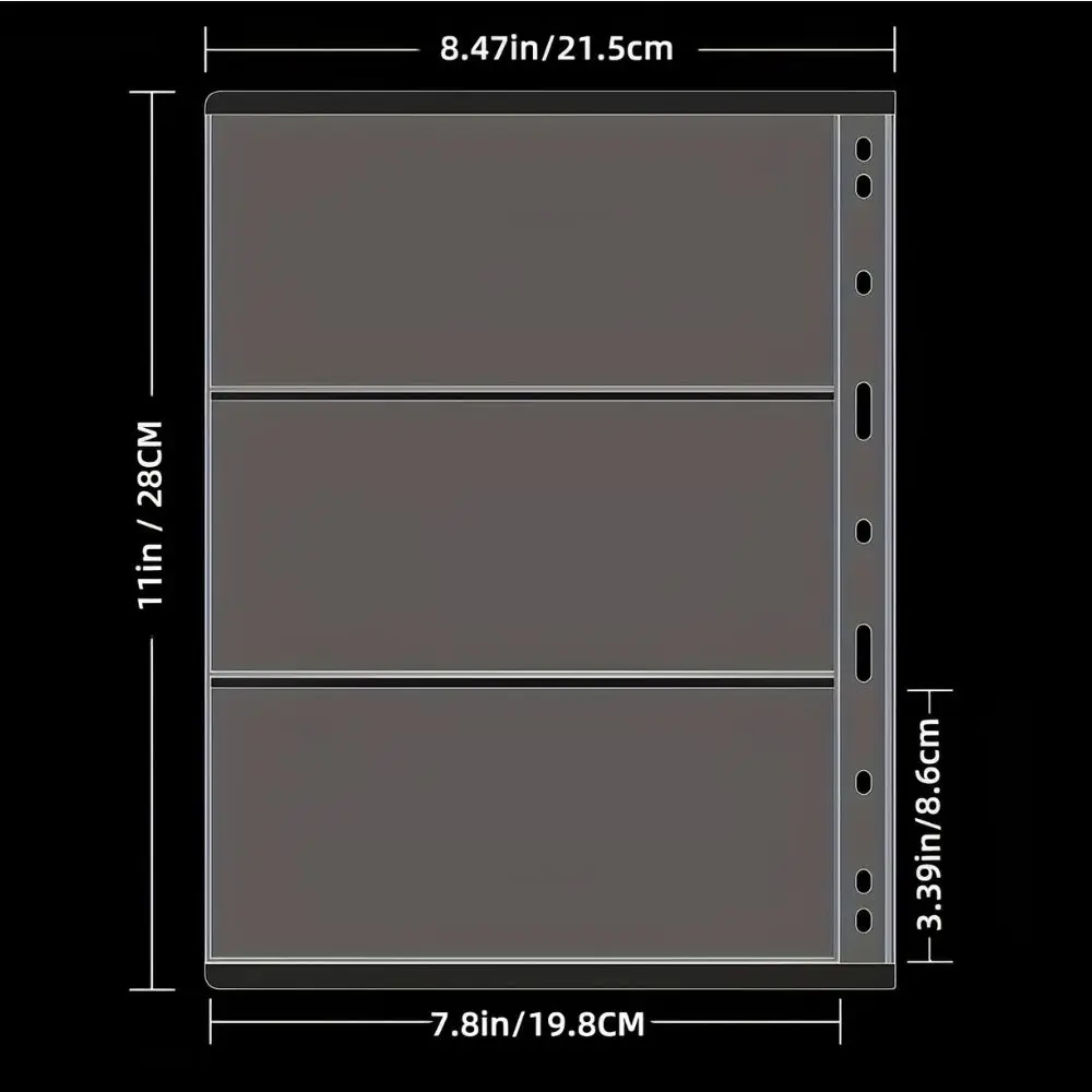 10/15/20pcs 3‑Pocket Currency Album Pages Clear PVC Banknote Sleeves for 11‑Hole Binder Collection YMY