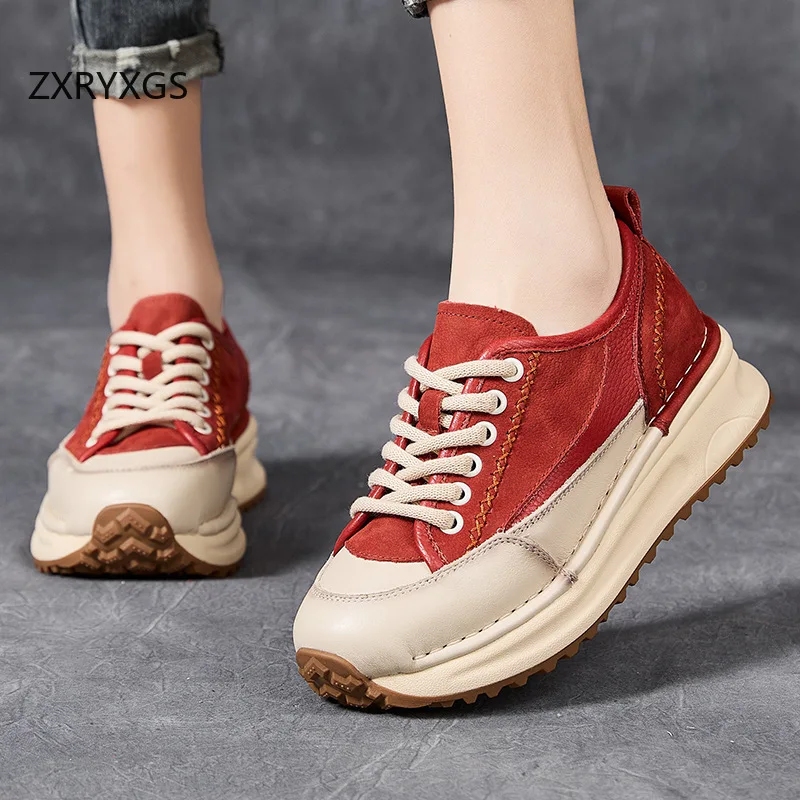 ZXRYXGS 2026 Top Layer Cowhide Spell Colors Women Fashionable Sneakers Flat Wedges Comfortable Trendy Shoes Women's Travel Shoes