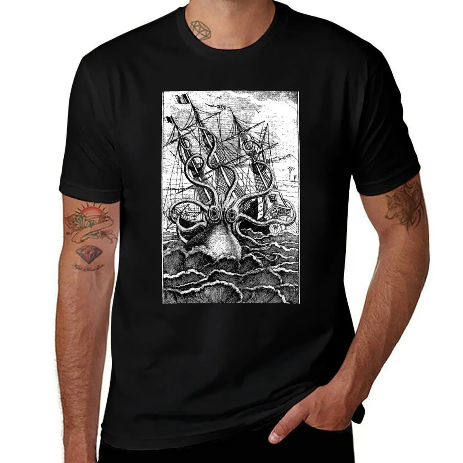 Vintage Kraken attacking ship illustration with white background T-Shirt funny t shirts man T-Shirt