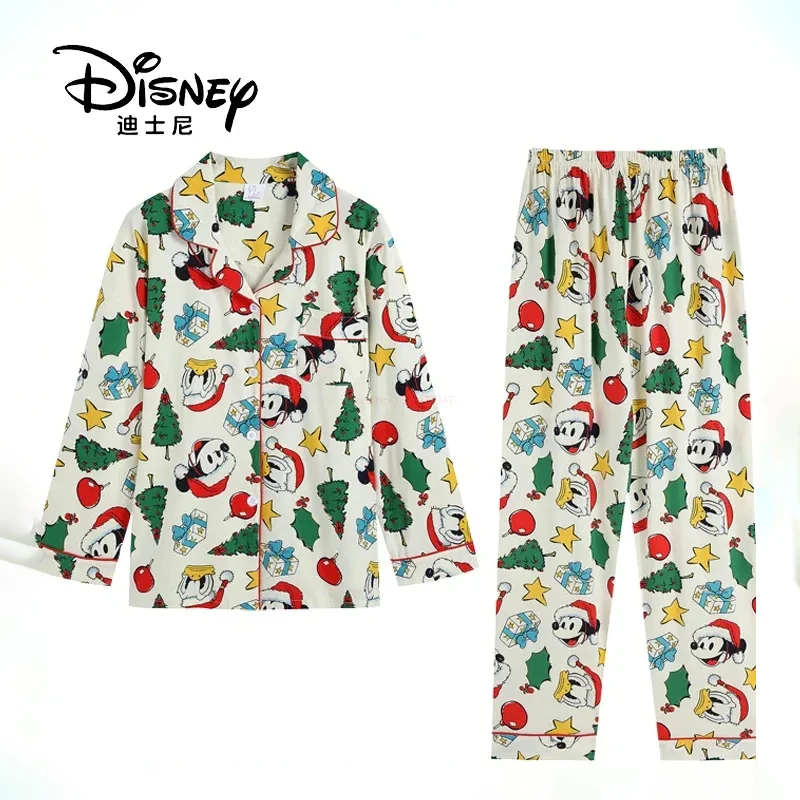 Disney Christmas Mickey Pajamas 2 Piece Set Women Long Sleeve Top Shirts Loose Trousers Y2k Home Clothes Cartoon Trend Sleepwear