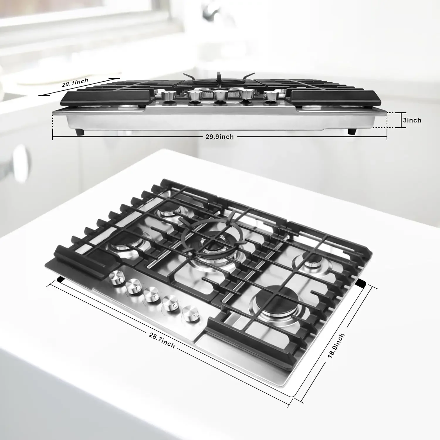 Table de cuisson à gaz de 30 pouces, dessus de cuisinière à gaz avec 5 brûleurs élevés, dessus de seau à gaz intégré en acier inoxydable pour la cuisine