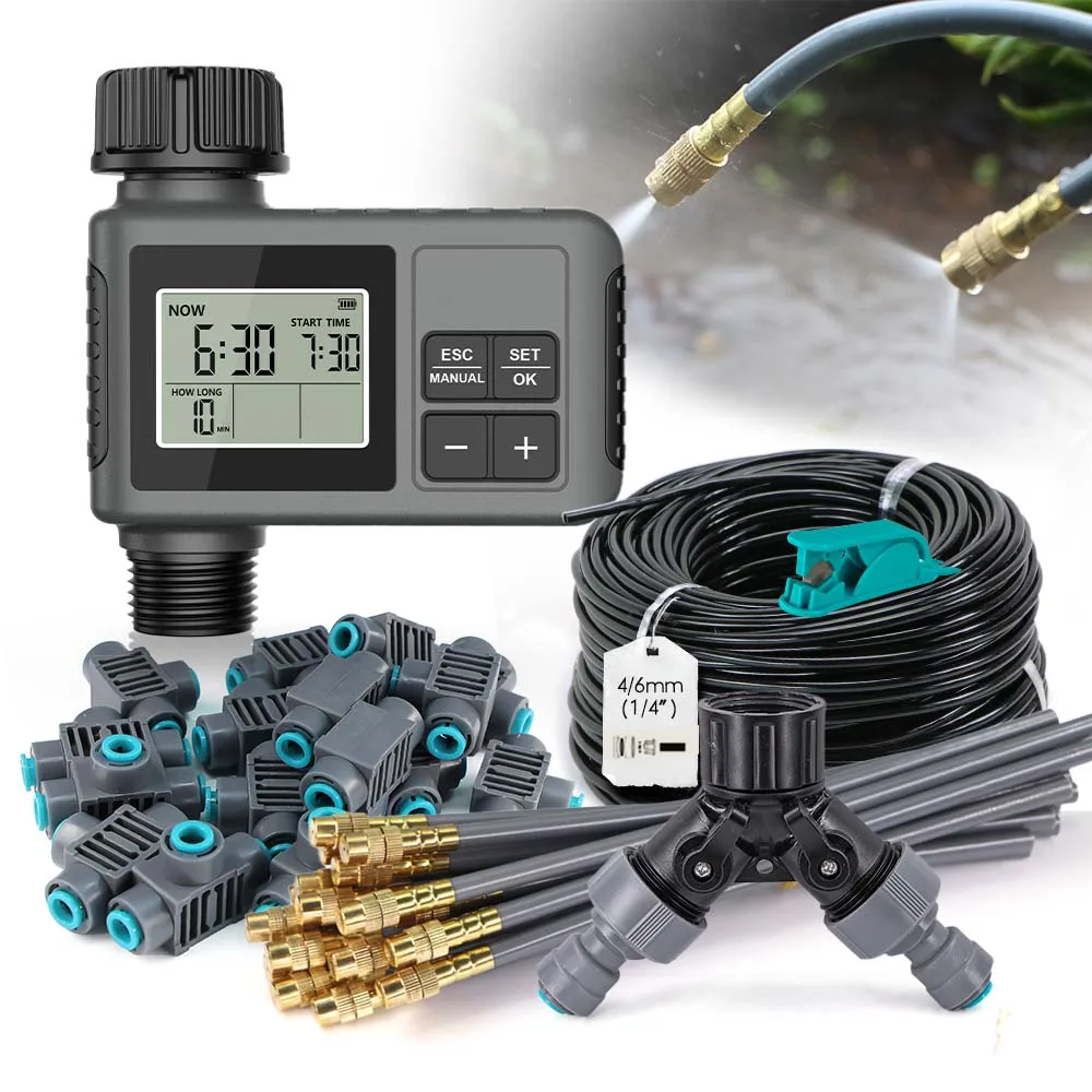 

Gardening LCD Timer Atomizing Spray Irrigation Kit Custom Watering Time Control Program Flexibility Bend Adjustable Brass Nozzle
