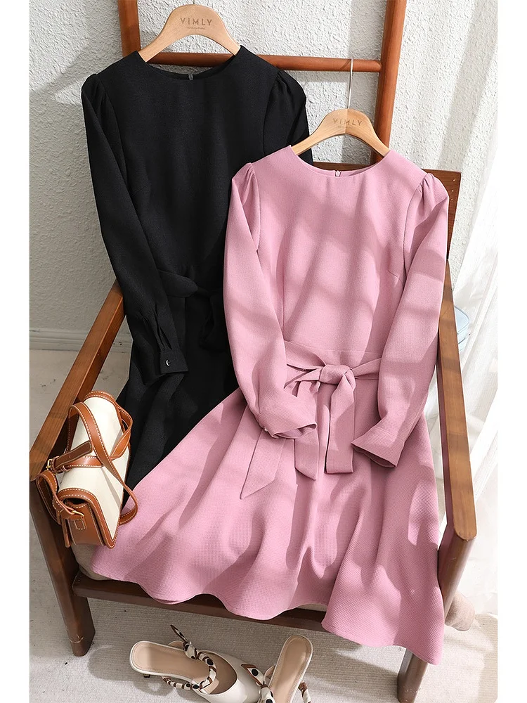 Vimly Vintage Pink Mini Dress for Women Spring 2023 New Korean Style Long Sleeve A Line Slim Belt Birthday Dresses Robe V7798