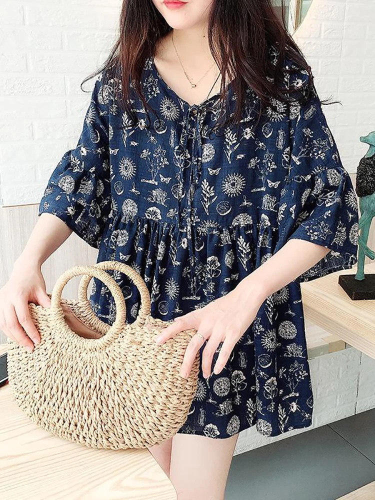

plus Size Women's A-Line Shirt Summer Loose Floral Print Puffy Blouse Korean Style round Neck Short Sleeve Casual Top