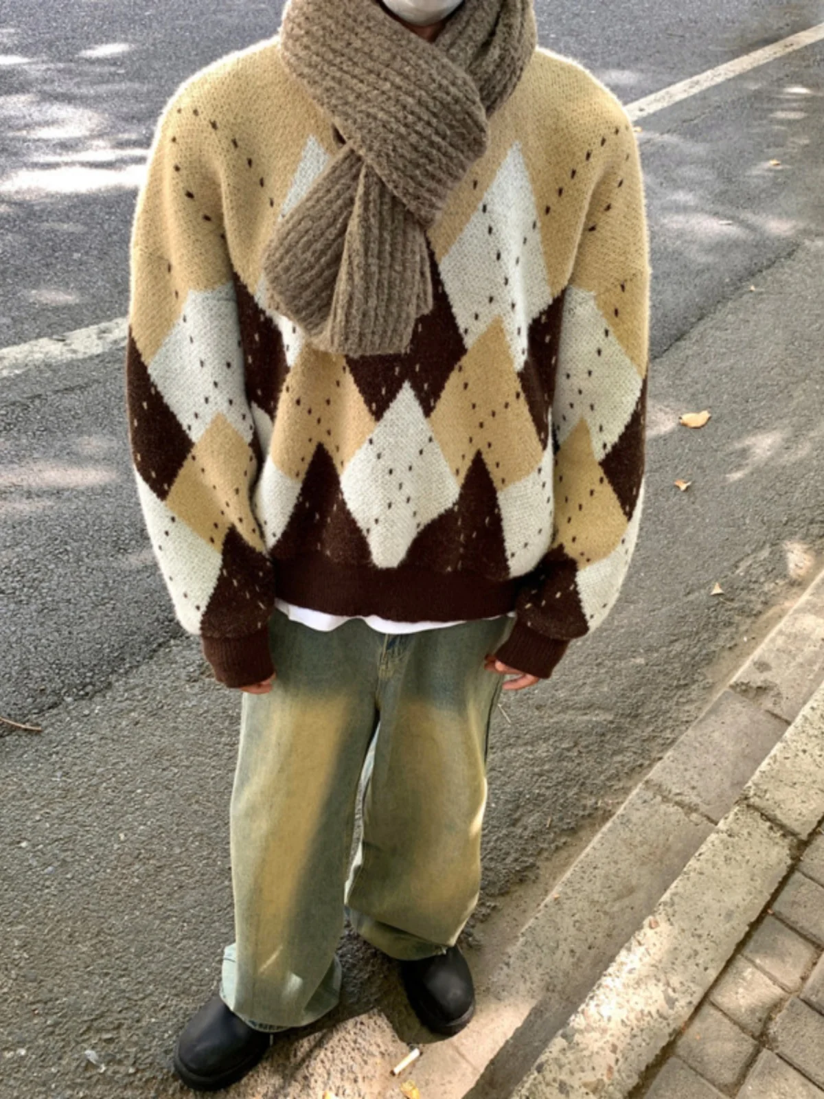 

Мужской винтажный свитер в клетку Fair Isle, вязаный, свободного кроя, в стиле ретро, для пар, цветной, американский стиль