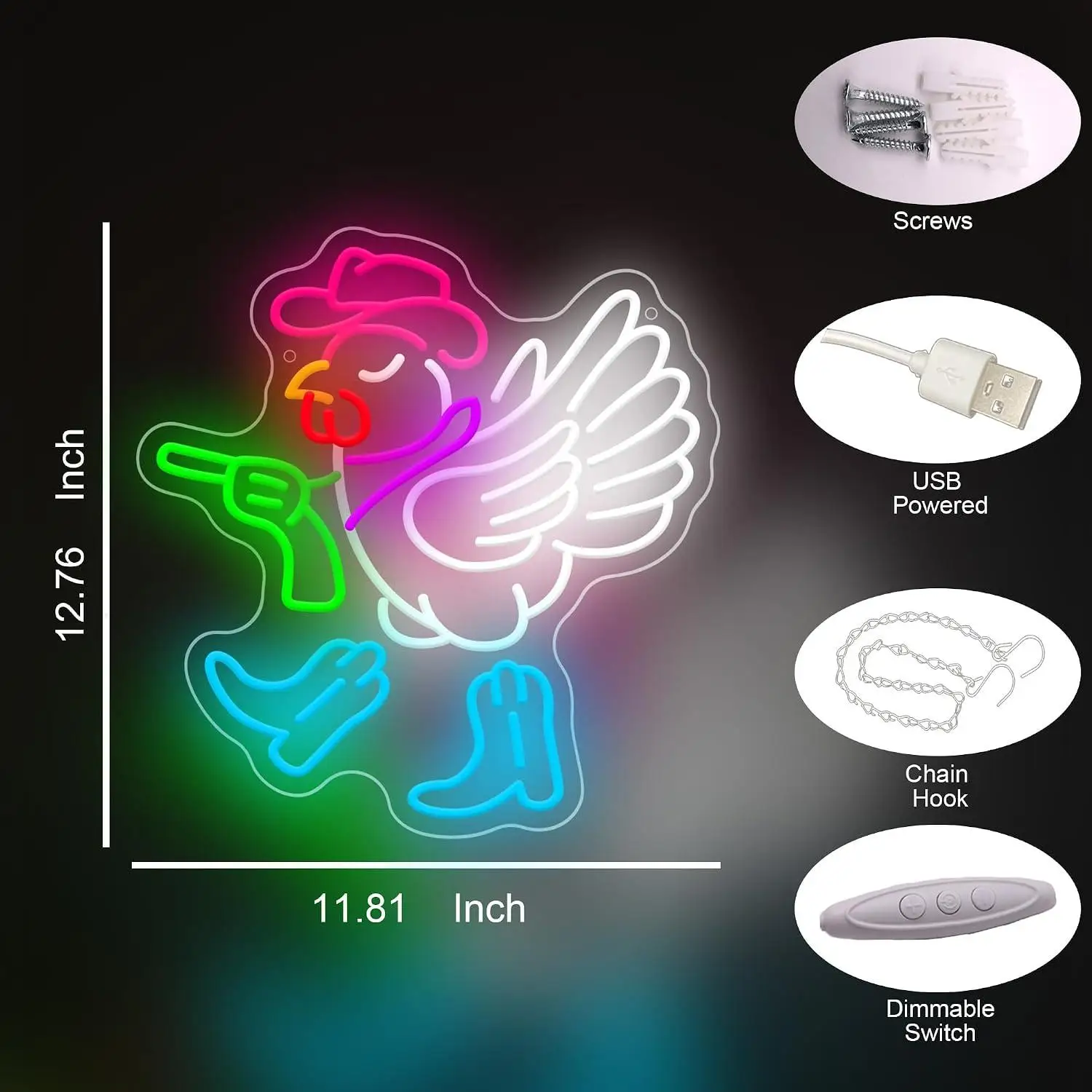 Western Cowboy Chicken Neon Sign USB Dimmable LED Light For Bar Garage Game Room Man Cave Wall Decoration Night Light Gifts view 3