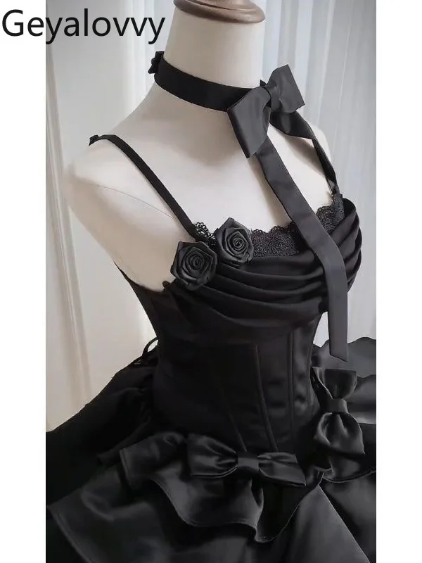 

High Sense Elegant Wind Lolita High-waist Black Suspender Dress Sweet Beautiful Woman Summer New Heavy Industry Puffy Dresses