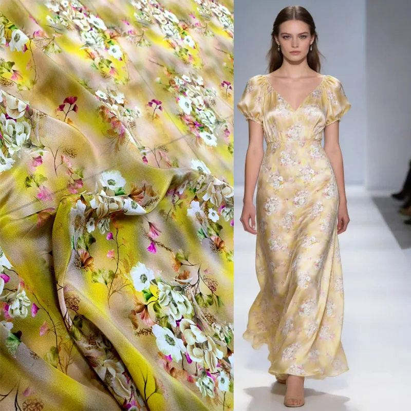 Tulle Textile White Flowers Print 16mm Real Mulberry Silk Fabric Crepe de Chine Dress Material Yellow Fabrics Cloth Wholesale