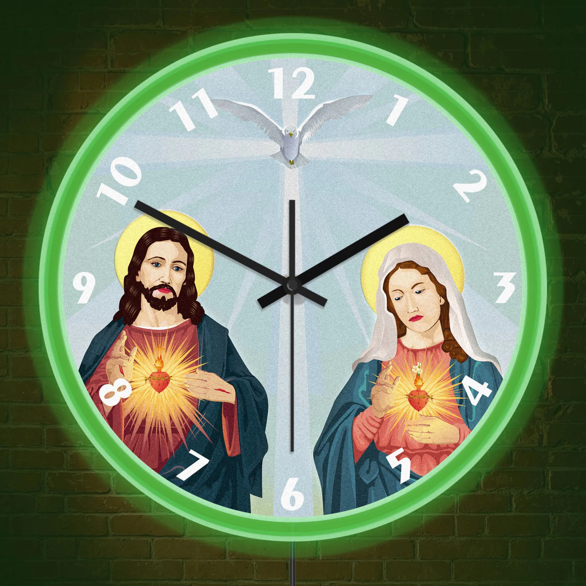 Jesus And Mary Silent Non Ticking Quartz Wall Clock With Built in Neon Rim LED Night Light Religious Illuminated Wall Clock