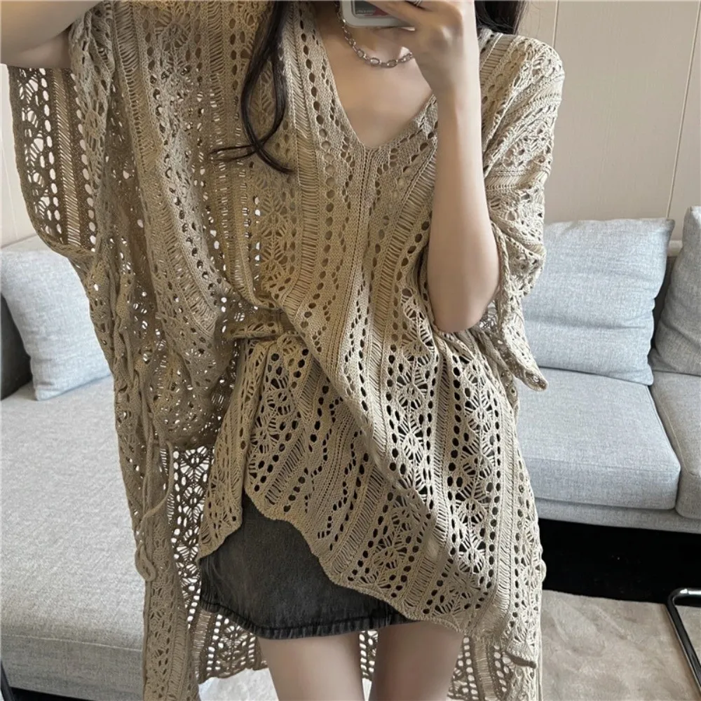 

Simple Oversized Hollow Out Swimsuit Cover Up Crochet Sweater Loose Knitted Bikini Cover Up Fishing Net Mesh Beach Wear Pool