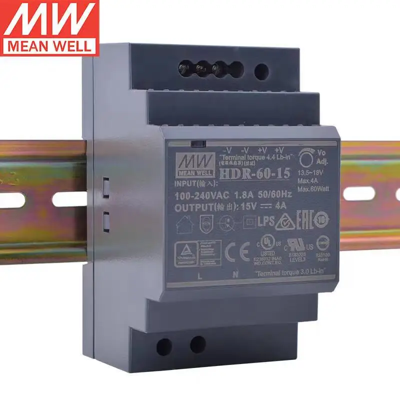 

MW HDR-60-15 15V 4A 60W Ultra Slim Step Shape DIN Rail Single Output Industrial Power Supply Brand New Original Authentic