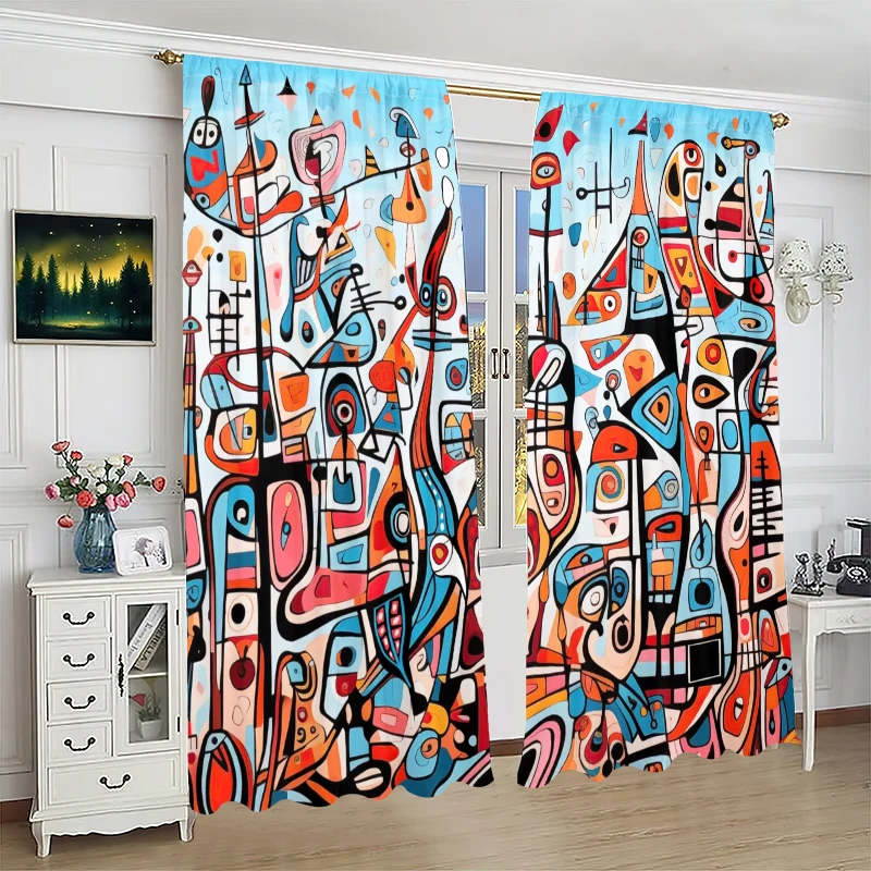 2Pcs- Complex painting - printed curtain -100% polyester material, suitable for bedroom curtains and living room decoration;