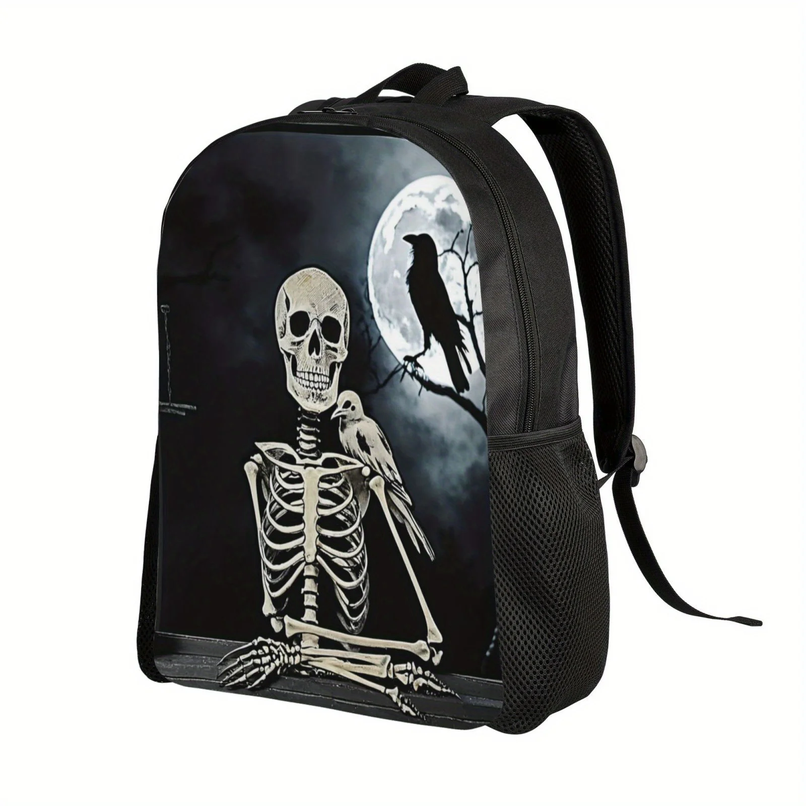 Mochila negra A la moda con estampado de calavera y Cuervo, adecuada para hombres y mujeres, ligera y ajustable