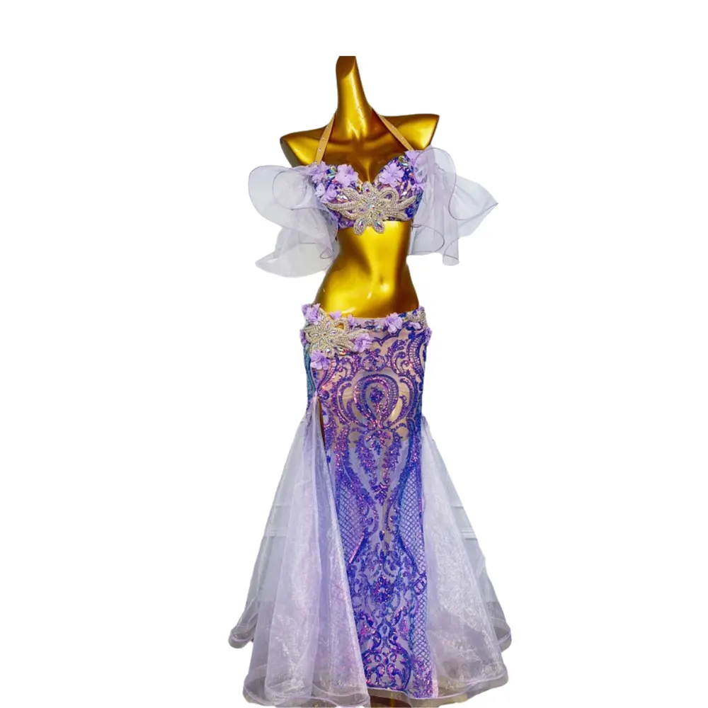 Belly Dance Professional dress High-end Purple Flower Tulle with Diamond Female Adult Stage Professional Clothing