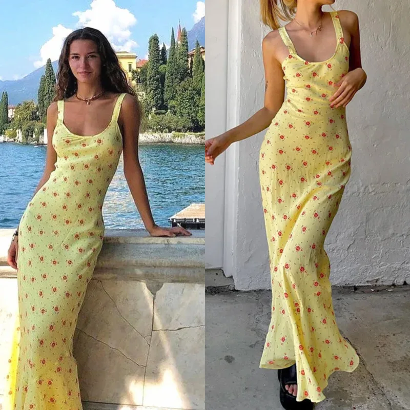

Elegant Floral Slim-fit Spaghetti Strap Maxi Dress Sweet Soft Cotton Sundress Summer Fashionable Women's Casual Vacation Dress